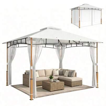 Gazebo de patio 10' X 12', auvent de gazebo extérieur à double toit UPF50+ avec moustiquaire pour jardin, patio, blanc crème