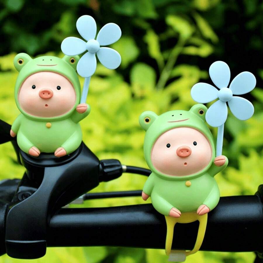Creative Cute Green Frog Pig Windmill Ornament, PVC Material (Silicone Strap/Seamless Sticker) 2 Options, Suitable For Bicycle, Electric Bike, Motorcycle, Car Interior Decoration