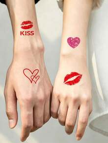 10pcs/Pack Valentine's Day Waterproof Temporary Tattoo Stickers, Red Heart, Lips, Rose Realistic Tattoos, Suitable For Men & Women, For Face, Arms And Body Decoration On Valentine's Day - Multicolor - View 2