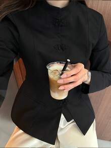 Women's Elegant New Chinese Style Frog Button Long Sleeve Stand Collar Blazer Jacket (With Shoulder Pads) Solid Color Front Button Fake Pockets For Daily Wear And Dating - Black - View 5