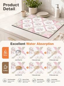 1pc, Vintage Square Pattern Printed Diatomaceous Earth Kitchen Drying Mat, Absorbent Dish Drying Mat, Coffee Machine Mat, Dishwashing Mat, Sink Mat, Kitchen Countertop Protector, Suitable For Cups, Plates, Tableware And Kitchen Decor - Multicolor - View 7