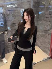 Korean Style 2 In 1 Contrast Color Patchwork Long Sleeve Base Layer Top, Slim Fit, Designed For Women, Autumn - Black - View 9