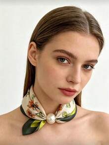1pc Premium Large Pearl (2.5CM Diameter) Magnetic Buckle Scarf Necklace, Neck Ring Scarf, Slouchy Necklace Style Printed Scarf, Lightweight Versatile Accessory Suitable For All Seasons - Multicolor - View 3