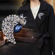 1pc Blue Crystal Gemstone & Rhinestone Peacock Brooch - Blue - View 3