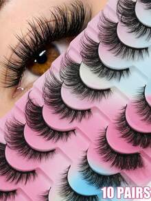 10 Pairs Of Natural Fluffy False Eyelashes, Imitation Mink Cat Eye False Eyelashes, Natural Fluffy Curly Thick False Eyelashes, Essential For Makeup Travel, Easy To Wear, Suitable For Beginners, Suitable For All Places, Eyelashes, False Eyelashes - Black - View 9