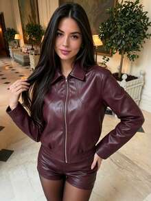 Women's Burgundy PU Leather Jacket, Long Sleeve Zipper Collar Regular Fit Outerwear, Suitable For Autumn - Burgundy - View 4
