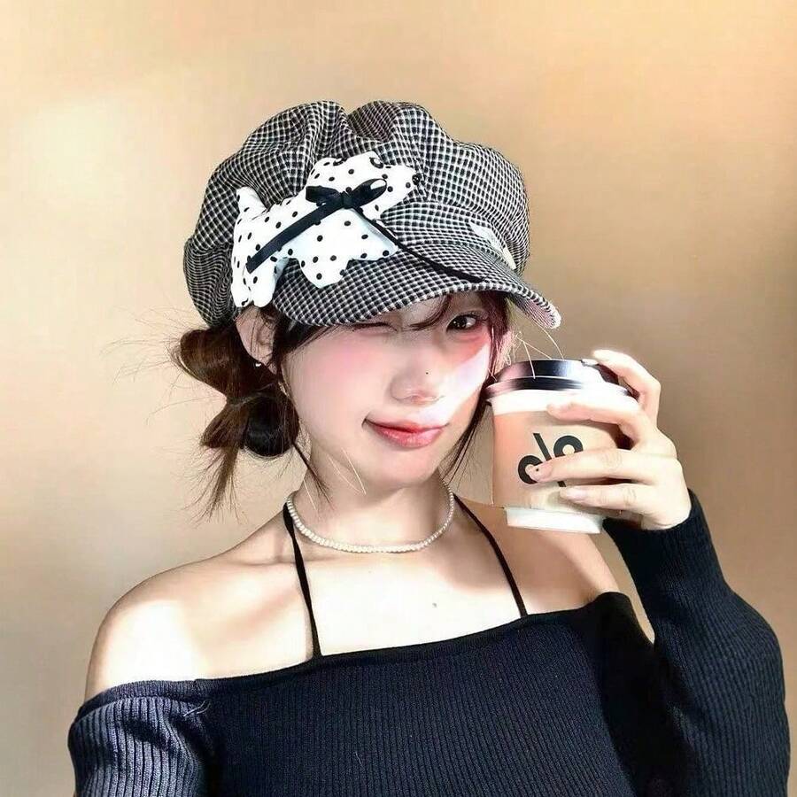 Cute Polka Dot Puppy Plaid Beret Hat For Women, Spring/Summer Thin Style, Face-Slimming Octagonal Painter Hat, Large Head Circumference - Multicolor - View 1