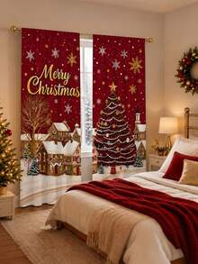 2Pcs Burgundy Christmas Town Snow Scene Gold Snowflake Christmas Tree Merry Christmas Print Pattern Curtains, Semi-Sheer Rod Pocket Holiday Window Decor, Suitable For Living Room And Bedroom, Rod Not Included - Scenery - View 3