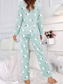 Women's Flannel Pajama Set, Thermal Lined Cute Animal Print Round Neck Long Sleeve Top + Long Pants 2 Pieces Set, Thermal Lined Pajama Set - Multicolor - View 2
