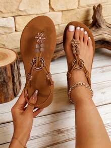 Bohemian Flower Bead Thong Sandals, Vintage Brown Elastic Ankle Strap Flat Flip-Flops For Beach Vacation - Brown - View 1