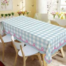 1pc Light Blue & White Plaid With Pink Trim Printed Tablecloth, Spring/Summer Decor, Spring Gift, Indoor/Outdoor Use, Suitable For Holiday Party, Home Decor, Mother's Day, Farmhouse Decor - A - View 3