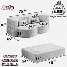 Modern Floor Sofa With 2 Pillows Convertible Teddy Fabric FoamFilled Sleeper Sofa Bed 15" Full Size Folding Mattress For Living Room Guest Bed Playroom No Assembly Required Grey Old Sku:W1885P230385 - Gris - Ver 9