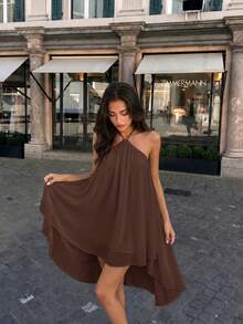 Casual Sexy Fashion Halter Neck Backless Chiffon Loose Fit Dress, Asymmetric Hem Elegant Style - Brown - View 2