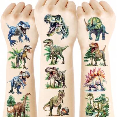 zillor 24 Lembar Tato Temporer Dinosaurus, Perlengkapan Pesta Ulang Tahun Dinosaurus, Hadiah Malam Natal, Stiker Dinosaurus Jurassic Tahan Air T-Rex Triceratops Pterosaurus Velociraptor Stegosaurus, Dekorasi Keren untuk Pesta Halloween di Klub Malam & Festival Musik