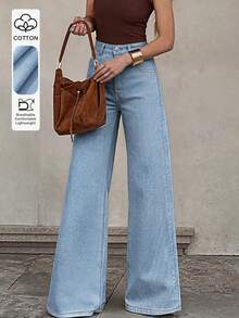 Women's Classic Solid Color Loose Wide Leg Jeans, Fashionable Versatile Casual Pants - Medium Wash - View 2