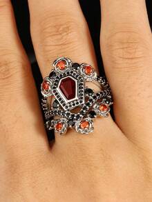 2pcs Gothic Fashion Red Cubic Zirconia Rose Shaped Rings, Gothic Style Combined With Dark Elements Ring Set, Unisex Suitable For Halloween, Easter And Matching With Gothic Style Clothing - Silver - View 8