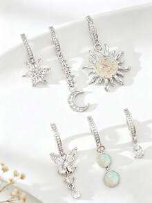 6pcs Women's Fashion Sexy Sun Moon Butterfly Flower Shaped Cubic Zirconia Belly Button Rings Navel Piercing Jewelry Set, Suitable For Daily Wear, Party And Piercing Enthusiast Styling Occasions - 6 Items - View 3