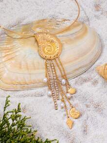 1pc Women's Fashion Shell Tassel Choker Necklace, Suitable For Daily And Vacation Wear - Conch Tassel Golden Yellow - View 2