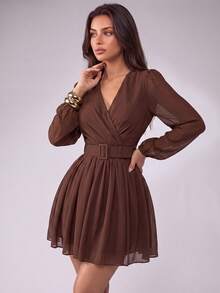 Women's Brown Casual Chic V-Neck Long Sleeves Chiffon Short Dress With A-Line Flared Hem, Perfect For Vacations, Fall Going Out, Festival & Graduation - Coffee Brown - View 1