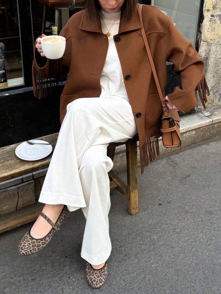 女款時尚新款優雅流蘇開襟外套夾克,長袖落肩梭織面料,適合秋季日常穿著 - 咖啡棕 - 查看 1