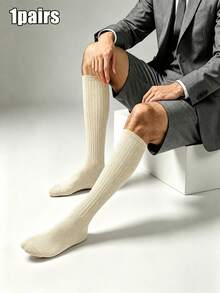 1 Pair Men's Business Vertical Striped Calf Socks, Solid Color Vertical Striped Men's Socks, High Elasticity Breathable Over-The-Knee Socks - Multicolor - View 12