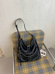 Women's Tote Bag, Commuter Motorcycle Style Rivet Shoulder Crossbody Bag - Black - View 5