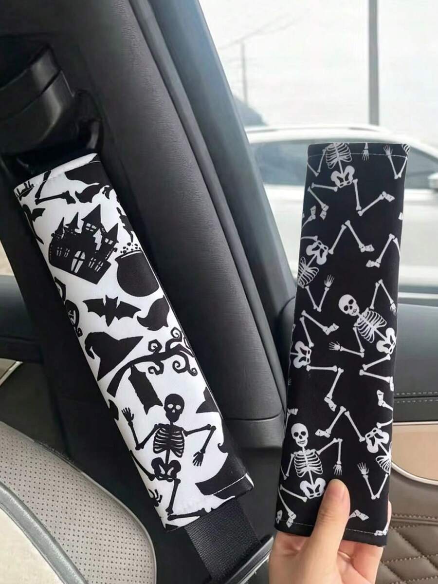 1/2pcs Dancing Skeleton Print Car Seat Belt Shoulder Pad Halloween Theme - A - View 1