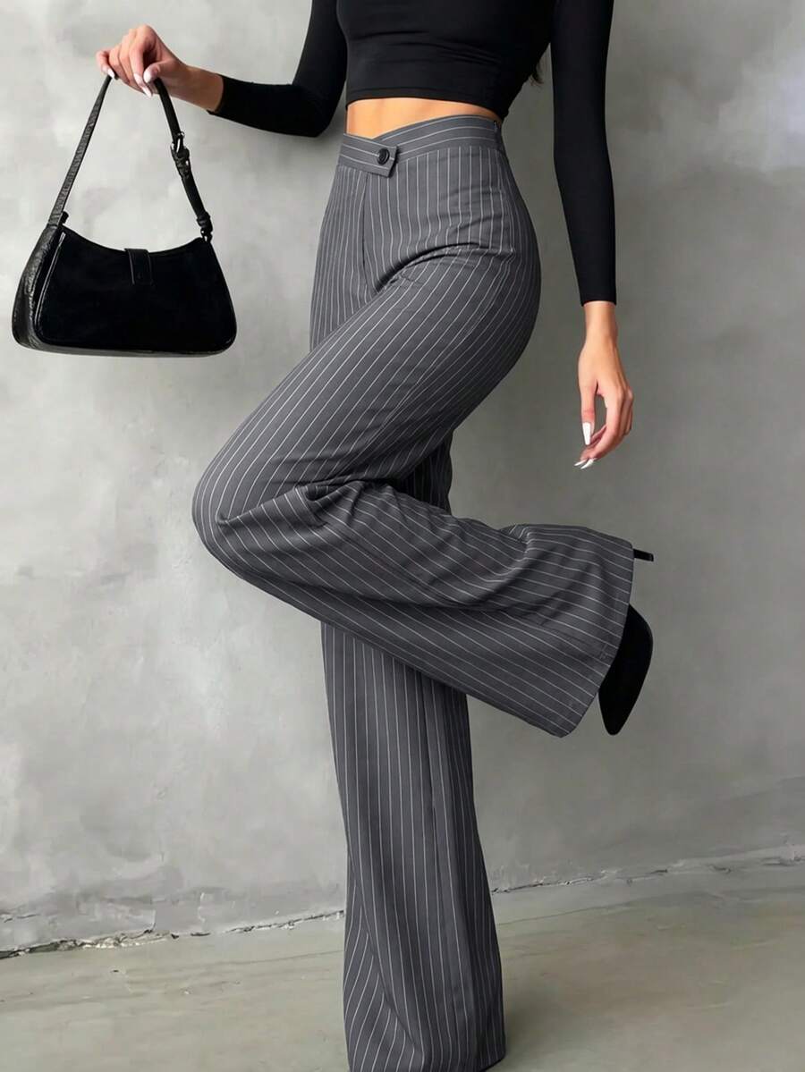 Women's Casual Elegant Straight Leg Pants, Summer Long Pants, Asymmetric V-Neck Waistline Highlights Curves, Suitable For Back To School, Daily Wear, Commuting To Work - Gray Stripes - View 1