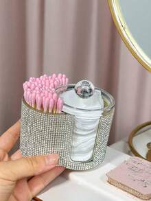 Connected Sparkling Diamond Storage Box, Desktop Makeup Organizer With Two Round Compartments For Brushes-Cosmetics Storage Box-Dual-Compartment Design-Modern Vanity Storage Box With Lid, Ideal For Storing Makeup Brushes And Beauty Tools - Multicolor - View 2
