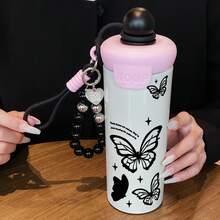 1PC 600ML Creative Flower, Heart Rose, Simple Butterfly Pattern Stainless Steel Cup, Double Drinking Coffee Cup, Portable Straw Cup, Lanyard , Suitable For Office, Campus, Gift For Holidays/Birthdays, Coffee, Milk, Tea - Multicolor - View 9