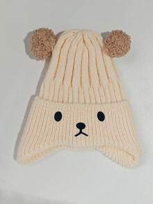 1pc Infant Ribbed Knitted Earflap Beanie , Cute Double Pom Pom Bear Ear Decor Winter Warm Toddler Hat Suitable For 1-3 Years Old Outdoor Use - Multicolor - View 13