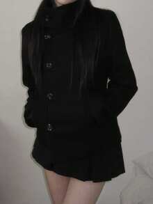 Autumn/Winter Wool Blend Warm Short Overcoat - Black - View 6
