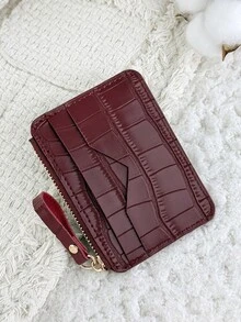 Fashionable Stone Patterned Women's Credit Card Bag, Zipper Closure Portable Cash, Credit Card, Coin Pocket Card Bag, Suitable For Outdoor And Travel - Burgundy - View 3