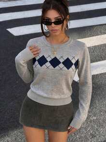 1pc Women's Spring/Autumn/Winter Grey Argyle Plaid Crew Neck Pullover Long Sleeve Knit Sweater Top, Inner Layer Knit Base Layer Top, Machine Washable - Grey - View 1