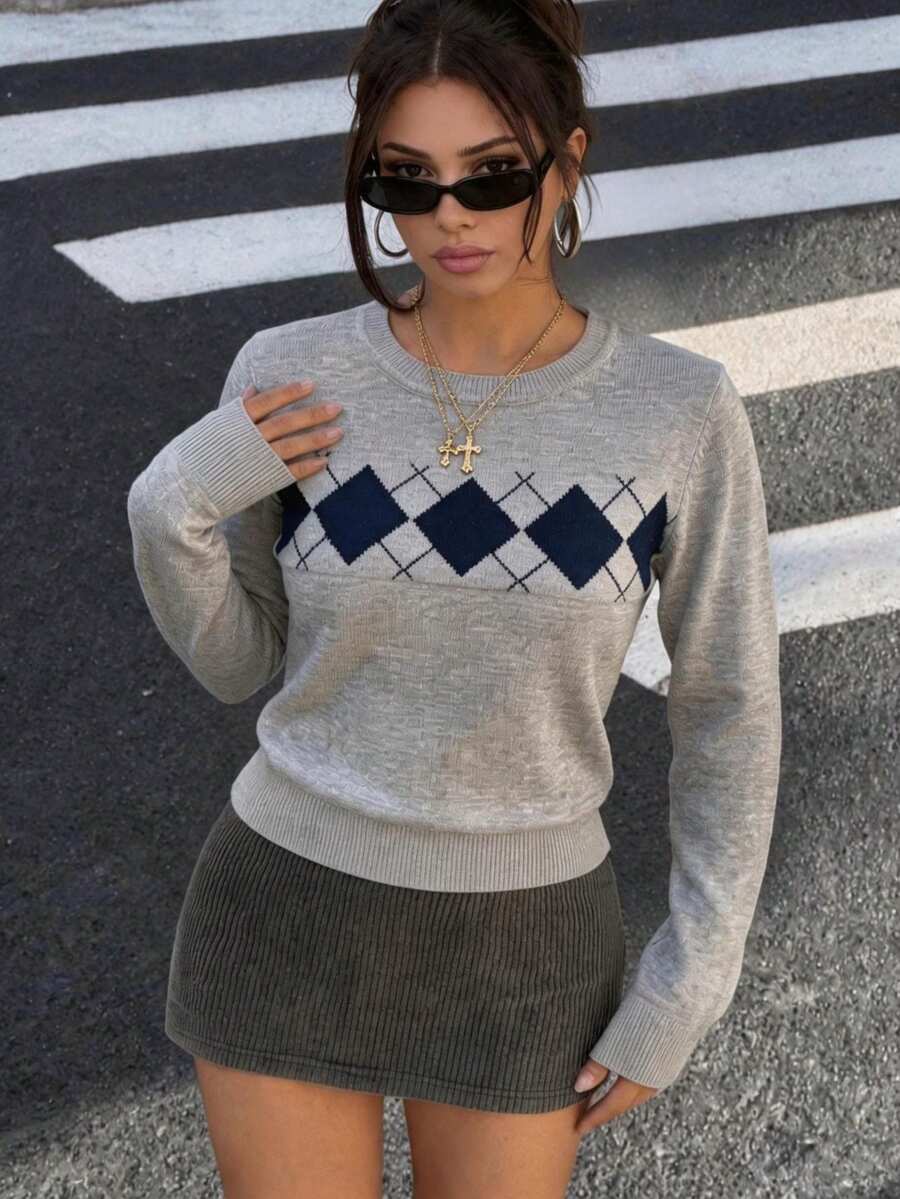 1pc Women's Spring/Autumn/Winter Grey Argyle Plaid Crew Neck Pullover Long Sleeve Knit Sweater Top, Inner Layer Knit Base Layer Top, Machine Washable - Grey - View 1