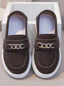 Children's Slip-On Loafers With Silver Chain Decor, White Thick Sole, Unisex Casual Shoes For Spring And Autumn - Brown - View 4