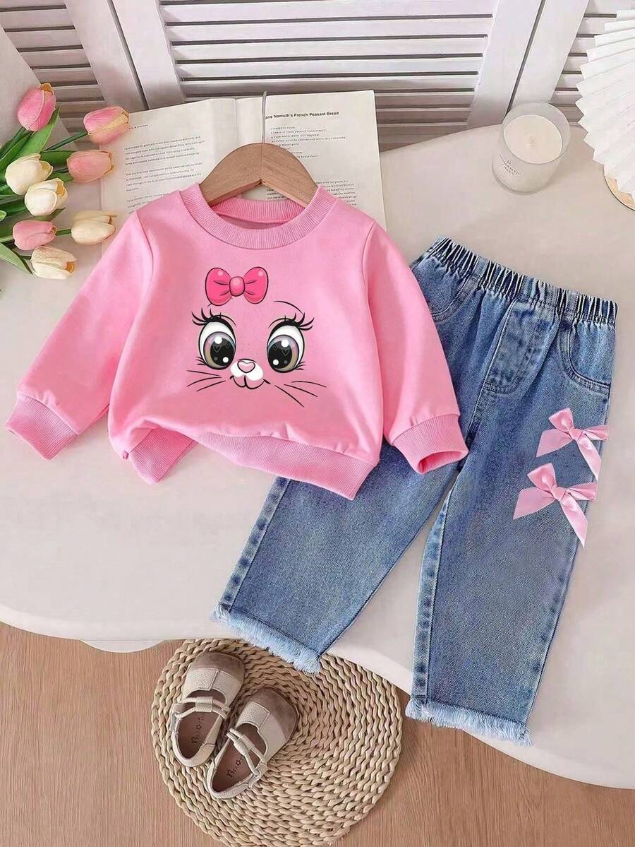 Young Girl Cartoon Print Crew Neck Long Sleeve Sweatshirt And Denim Jeans - Pink - View 1
