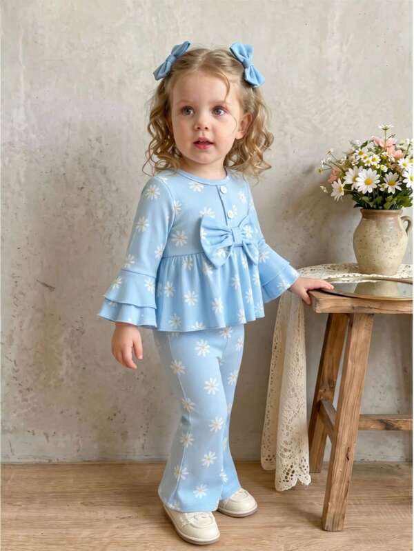 2pcs Baby Girl Fresh Daisy Print Bow Flare Long Sleeve Top And Pants Set, Thin Mori Style