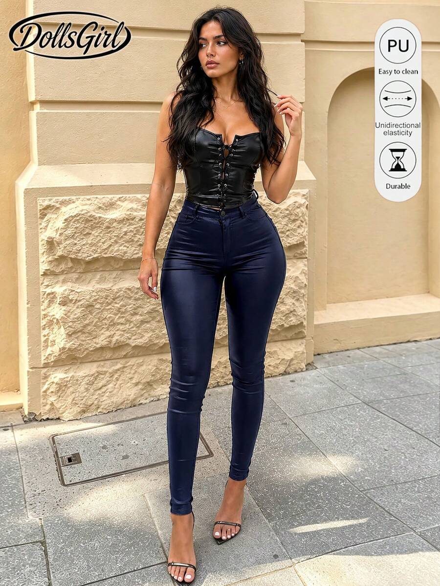 High Waist Button Slant Pocket PU Leather Elastic Skinny Pants, Casual Pants For Music Festival & Party Vacation Fall - Royal Blue - View 1