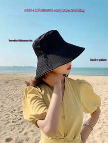 Reversible Black & Purple Wide Brim Bucket Hat For Women, Foldable Windproof Rope Sun Hat, UV Protection Wide Brim Sun Hat For Outdoor, Vacation, Beach, Travel - A - View 12