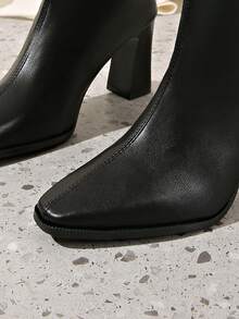Black Elegant Pointed Square Toe PU Elastic Ankle Boots For Women, Back Zipper Chunky High Heel Slimming French Fashion Boots - Black - View 9