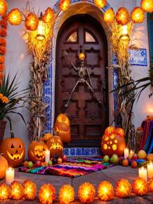 Halloween Day Of The Dead Theme Marigold Design 1.5m 10-Light/3m 20-Light LED String Lights With Fabric Flowers, Battery Powered, Constant And Flashing Modes, Holiday Party Home Atmosphere Decoration Lights - Chrysanthemum - View 10