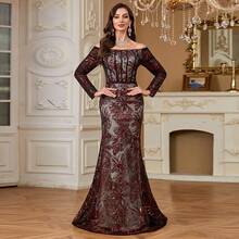 hezixi Elegant Luxury Embroidered Lace Sequin Beaded Floral Design Sheer Long Sleeve Dress Party Wedding Fall - Burgundy - View 12