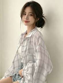 Korean Chic Summer French Casual Loose Thin Plaid Long Sleeve Shacket For Women Spring White - White - View 5