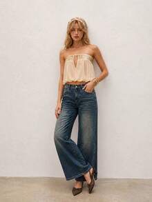 Women Mid‑Rise Vintage Faded Wide Leg Jeans, Dark Blue Washed Loose Floor‑Length Denim Trousers, Retro Street Style For Holiday Casual Daily Outfits - Blue - View 3