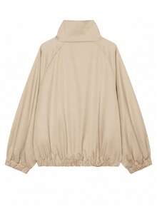 Women's Bright Red High Neck Zipper Top, Casual Long Sleeve Lightweight Jacket, Suitable For Spring And Autumn - Champagne - View 5