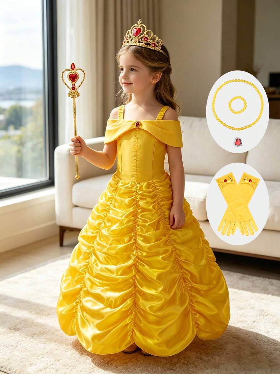 8pcs Girls Yellow Sleeveless Ruffled Full Skirt Dress, Crown, Magic Wand, Necklace, Bracelet, Gloves Costume Set, Children Role Play Outfit For Party, Birthday, Christmas, Carnival - Yellow - View 1