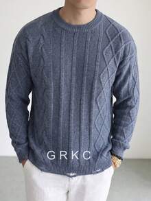 GRKC Men's Spring Autumn Winter European American Street Fashion Minimalist Casual Versatile Striped Plaid Textured Crew Neck Long Sleeve Pullover Knit Sweater - Blue - View 2