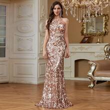 hezixi One Shoulder Backless Lace-Up Mermaid Silk Fitted Slit Formal Evening Gown, Elegant Party Dress, Formal Ball Gown - Champagne - View 13