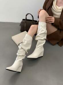 Pointed Toe Ruched Stacked High Knee Boots, Plus Size Women's Glossy Stiletto Heel Atmospheric Long Boots - White - View 4